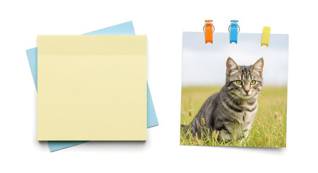 A stack of yellow and blue sticky notes sits next to a photo of a cat, held by bright clips on a white background.の素材