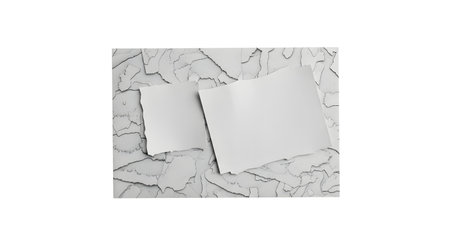 Two irregular pieces of white paper are placed on a rough, textured grey surface, creating a minimalist composition.の素材