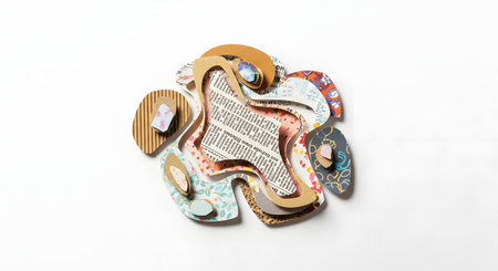 A vibrant, abstract artwork featuring a freeform shape with layered textures, collage elements, and a sense of organic movement.の素材