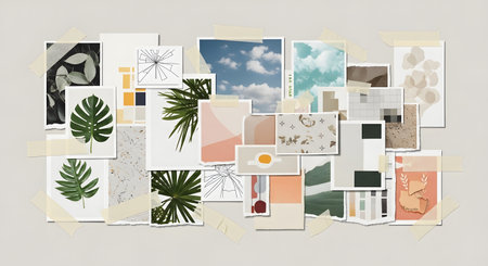 A collection of art prints featuring abstract shapes, botanical elements, and sky imagery arranged in a visually appealing collage.の素材