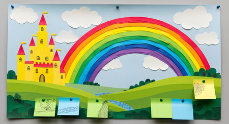 A vibrant, cartoon-style fantasy landscape featuring a yellow castle, a large rainbow, rolling green hills, and several colorful sticky notes attached.の素材