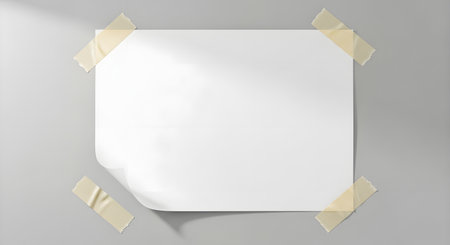 A blank white square paper is taped to a gray wall, with soft light casting shadows and highlights across its surface.の素材