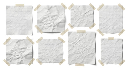 Eight crumpled and torn paper sheets are taped to a white surface with visible tape. The papers show text and creases.の素材