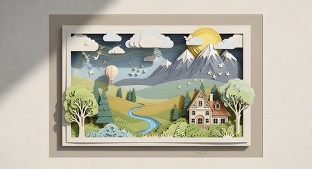 A charming layered paper art diorama depicts a sunny mountain landscape with a winding river, trees, and a quaint village house.の素材