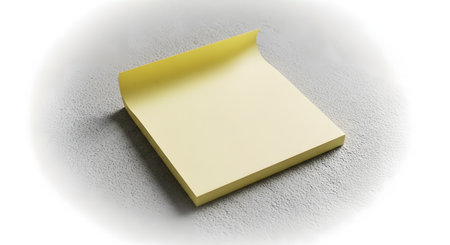 A small stack of pale yellow sticky notes sits on a grey, speckled surface. One corner is slightly peeled back.の素材