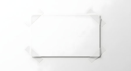 A square piece of blank white paper is taped to a textured white wall, casting a subtle shadow.の素材