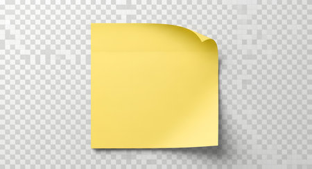 A single, bright yellow sticky note with a slightly curled top right corner, isolated on a transparent grid background.の素材