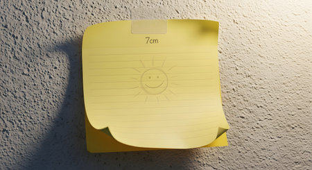 A single yellow sticky note with some barely visible writing is adhered to a textured, gray wall, casting a shadow.の素材