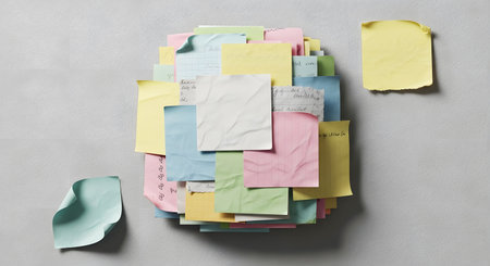 A vibrant pile of assorted colored sticky notes and scraps are scattered and adhered to a light gray textured background.の素材