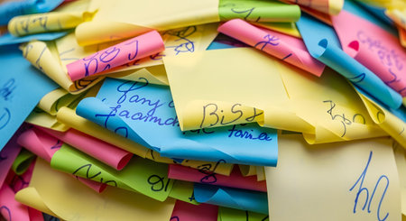 A close-up view of a pile of brightly colored sticky notes, many with handwritten notes and tasks, suggesting organization or brainstorming.の素材