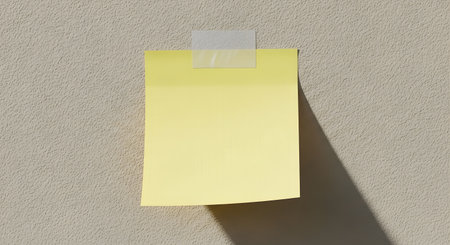 A single, blank yellow sticky note is taped to a textured wall, casting a distinct shadow.の素材