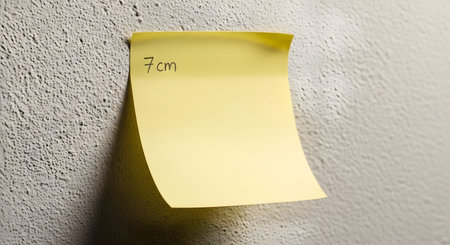 A single yellow sticky note is attached to a rough, textured wall, casting a shadow. The note has a handwritten word at the top.の素材