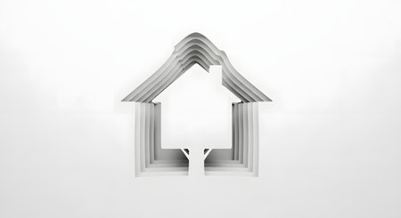 A minimalist, abstract architectural model resembling a house with a bright central light source against a stark white background.の素材