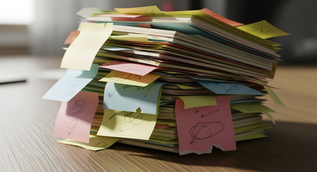 A chaotic pile of colorful sticky notes and papers stacked precariously, suggesting a busy or overwhelmed state.の素材