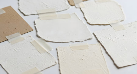 A collection of various torn paper scraps, some with rough edges, arranged in an abstract, layered composition.の素材