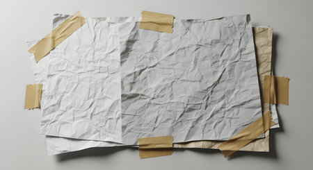Several crumpled white paper sheets are layered and taped together with aged yellow tape, creating a textured, abstract composition.の素材