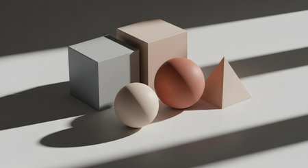 Two eggs and abstract geometric blocks are arranged on a white surface, casting long, dramatic shadows.の素材