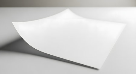 A single, blank white sheet of paper is gently curved, casting a soft shadow on a neutral gray background.の素材