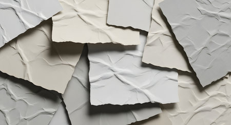 A close-up overhead view of torn paper pieces with a rough, textured surface arranged in a layered, abstract composition.の素材