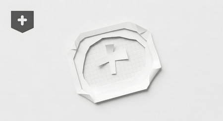 A minimalist abstract design featuring a white cross embossed on a textured, irregular white surface with a shield emblem.の素材