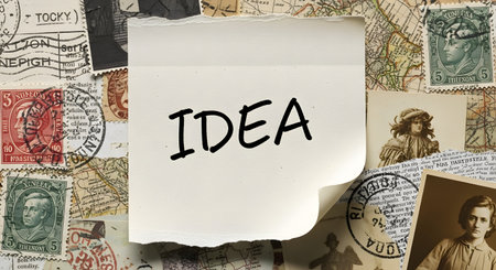 A white paper with the word IDEA handwritten in black ink is centered over a collage of vintage postcards and stamps.の素材