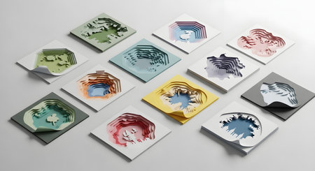 A collection of small, square fabric swatches with vibrant geometric patterns, neatly arranged in a grid on a neutral background.の素材