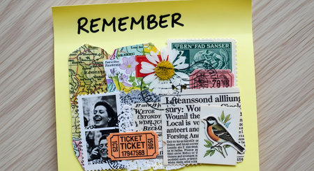 A yellow background hosts a mixed media collage featuring vintage stamps, newspaper clippings, a portrait, and a robin illustration, with the word REMEMBER at the top.の素材