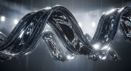 A highly reflective, metallic ribbon twists and turns, illuminated by dramatic spotlights in a dark, atmospheric setting.の素材