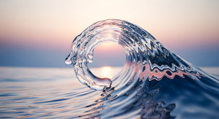 A translucent ocean wave curls into a tunnel shape, with the sun setting on the horizon behind it.の素材