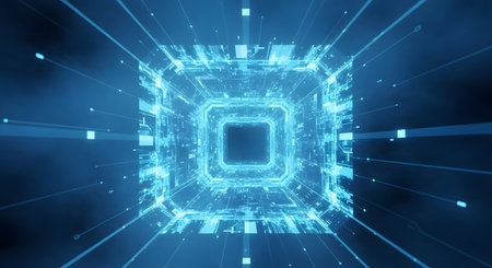 A futuristic, glowing blue digital tunnel with intricate patterns and a central square portal, suggesting data flow and technology.の素材