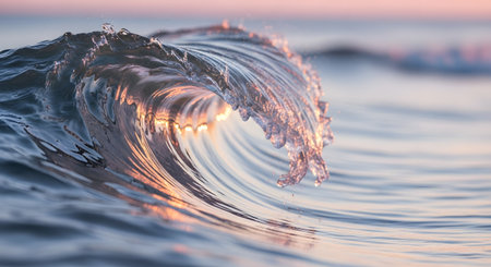 A close-up of a translucent ocean wave curling and crashing, with warm golden light reflecting within its transparent water.の素材