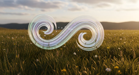 A shiny silver infinity symbol balloon hovers in a golden sunset sky above a field of grass and wildflowers.の素材