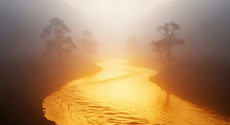 A winding river flows through a misty forest, with golden sunlight breaking through the trees, creating a warm and ethereal glow.の素材