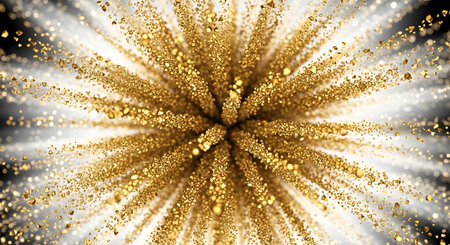 A vibrant explosion of golden glitter and light radiates outwards from a central point, creating a dazzling, energetic effect.の素材