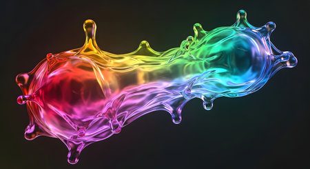 A dynamic splash of liquid, illuminated with a spectrum of rainbow colors, frozen in motion against a deep black backdrop.の素材