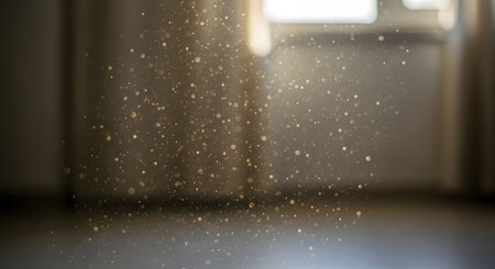 Tiny dust motes dance and sparkle as they descend through a shaft of light, creating a magical atmosphere in a quiet interior.の素材