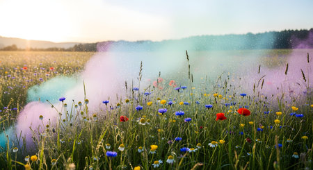 A vibrant field of wildflowers is illuminated by the sun, with wisps of colorful smoke creating a dreamy, ethereal atmosphere.の素材