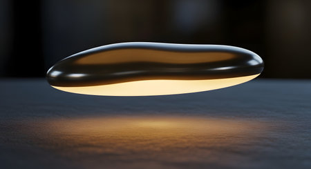 A smooth, dark, elongated object with a glowing underside hovers above a reflective surface.の素材