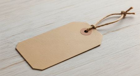 A single, empty kraft paper tag with a natural twine string is laid diagonally on a light-colored, textured wooden background.の素材
