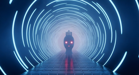 A tall, slender, humanoid figure with glowing eyes stands at the end of a brightly lit, circular tunnel.の素材