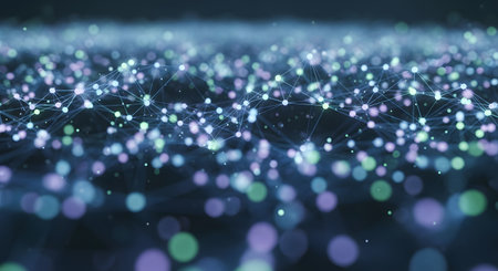 A mesmerizing abstract scene with countless glowing blue and purple lights, creating a dreamy, ethereal, and luminous atmosphere with soft bokeh effects.の素材