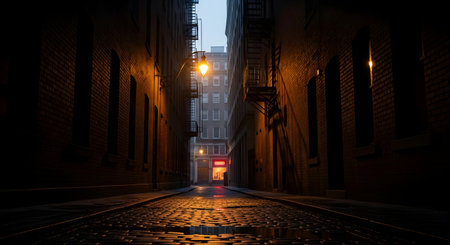A narrow, wet cobblestone alleyway in a city at night, illuminated by warm, glowing streetlights reflecting on the wet ground.の素材