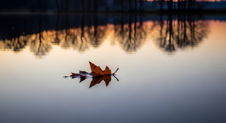 A single, brown and orange autumn leaf drifts on a still body of water. Trees are reflected in the water.の素材