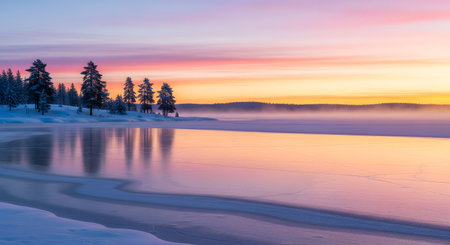 A breathtaking winter sunset paints the sky with vibrant colors reflecting on a frozen lake, with snow-covered trees lining the distant shore.の素材