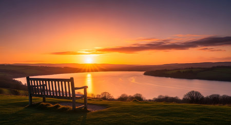 A wooden bench overlooks a calm lake as the sun sets, casting a warm golden glow across the sky and water.の素材