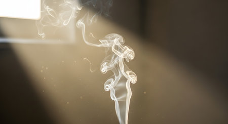 Delicate tendrils of smoke rise and curl upwards, illuminated by a strong shaft of sunlight against a dark background.の素材