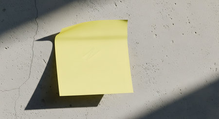 A single yellow sticky note is attached to a textured surface, casting a prominent shadow from sunlight.の素材