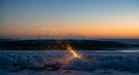 A wave crashes on the shore with sparks flying, illuminated by the warm glow of a sunset.の素材