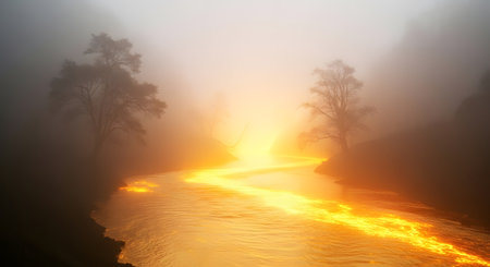 A winding path through a misty forest, bathed in an ethereal golden glow, suggesting a magical or spiritual journey.の素材