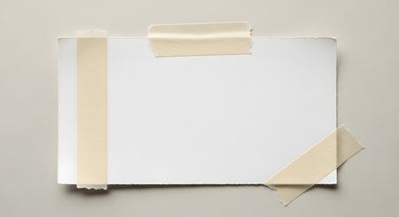 A square piece of white paper is taped to a light brown background. The tape is visible at the top and left edges.の素材